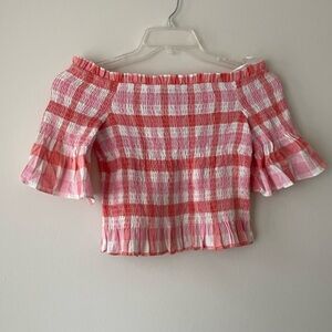 Sugar Lips Cropped Top Smocked Gingham Off Shoulder Checkered Size M